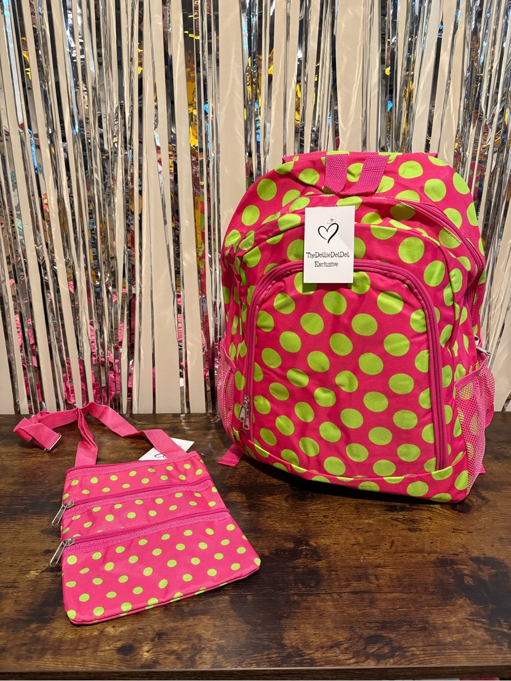 Hot Pink & Lime Polka Dot Full-Size Backpack and Crossbody Set